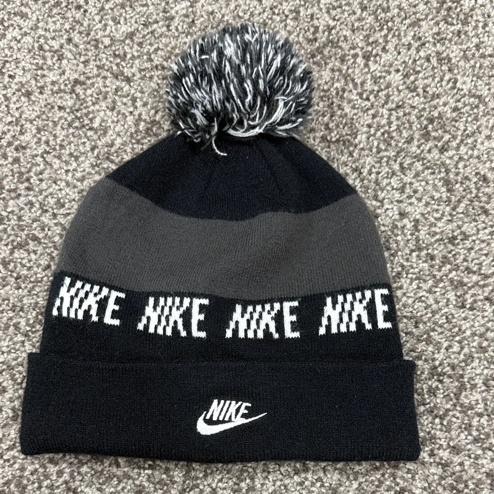 Nike Black and Gray Knit Beanie with Pom